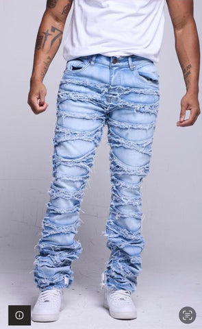 Kids LT Blue STACKED SLASH & FRAY DENIM JEANS