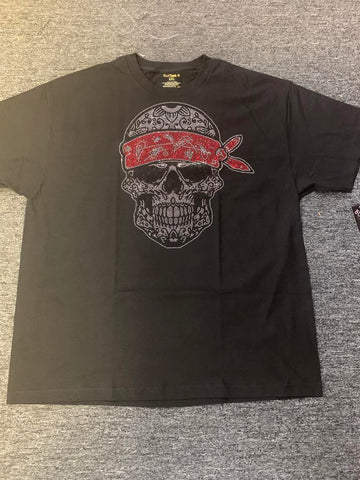 Men Plus Size Black Rhinestone Red Bandanna Skull Tee