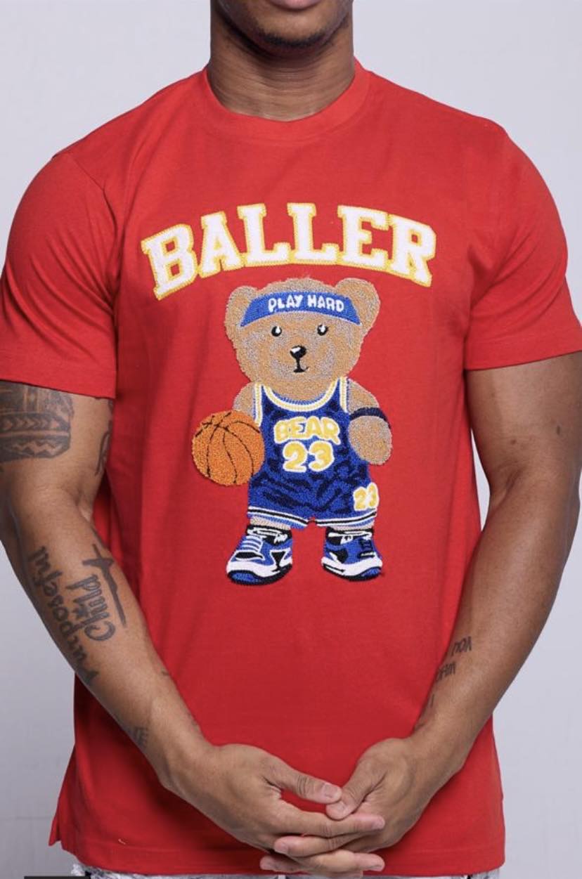 Kids Red Chenille / Embroidery Baller Bear T-shirt