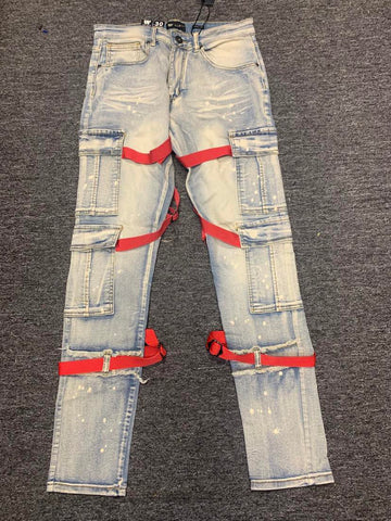 Men Blue Wash Red Strap Jeans