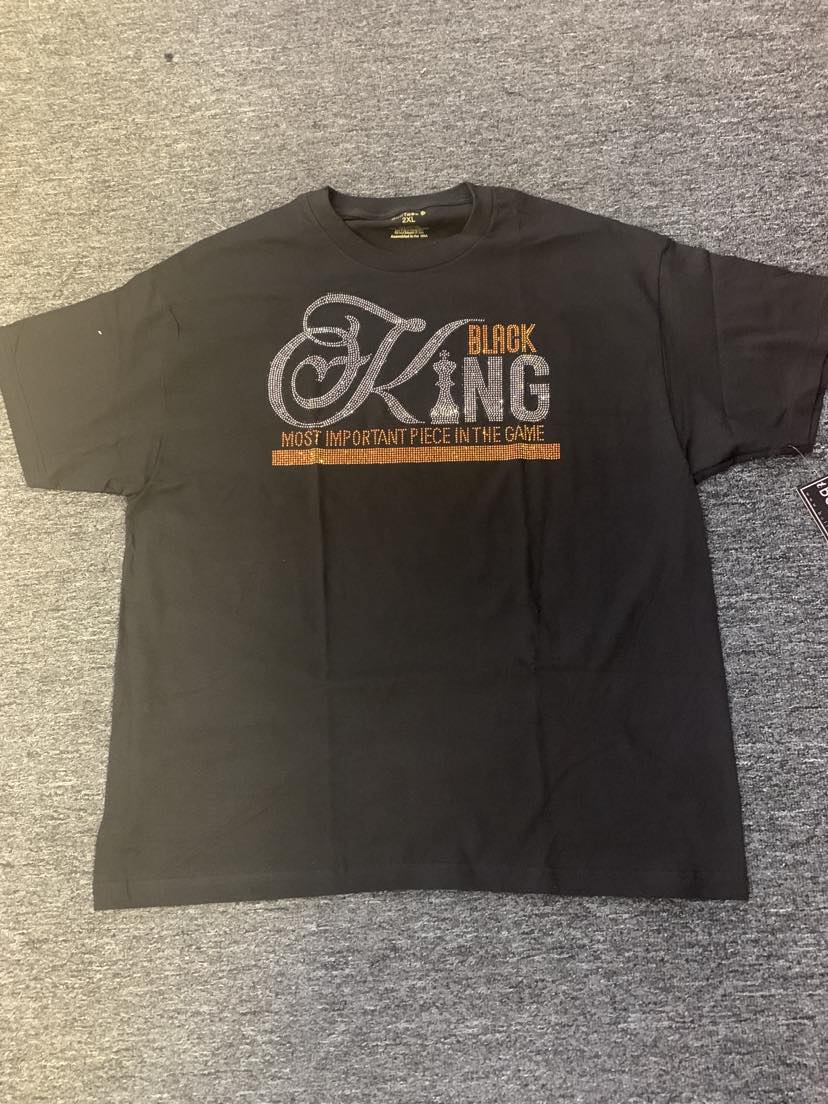 Men Plus Size Black Rhinestone Black King Important piece in the Game Tee