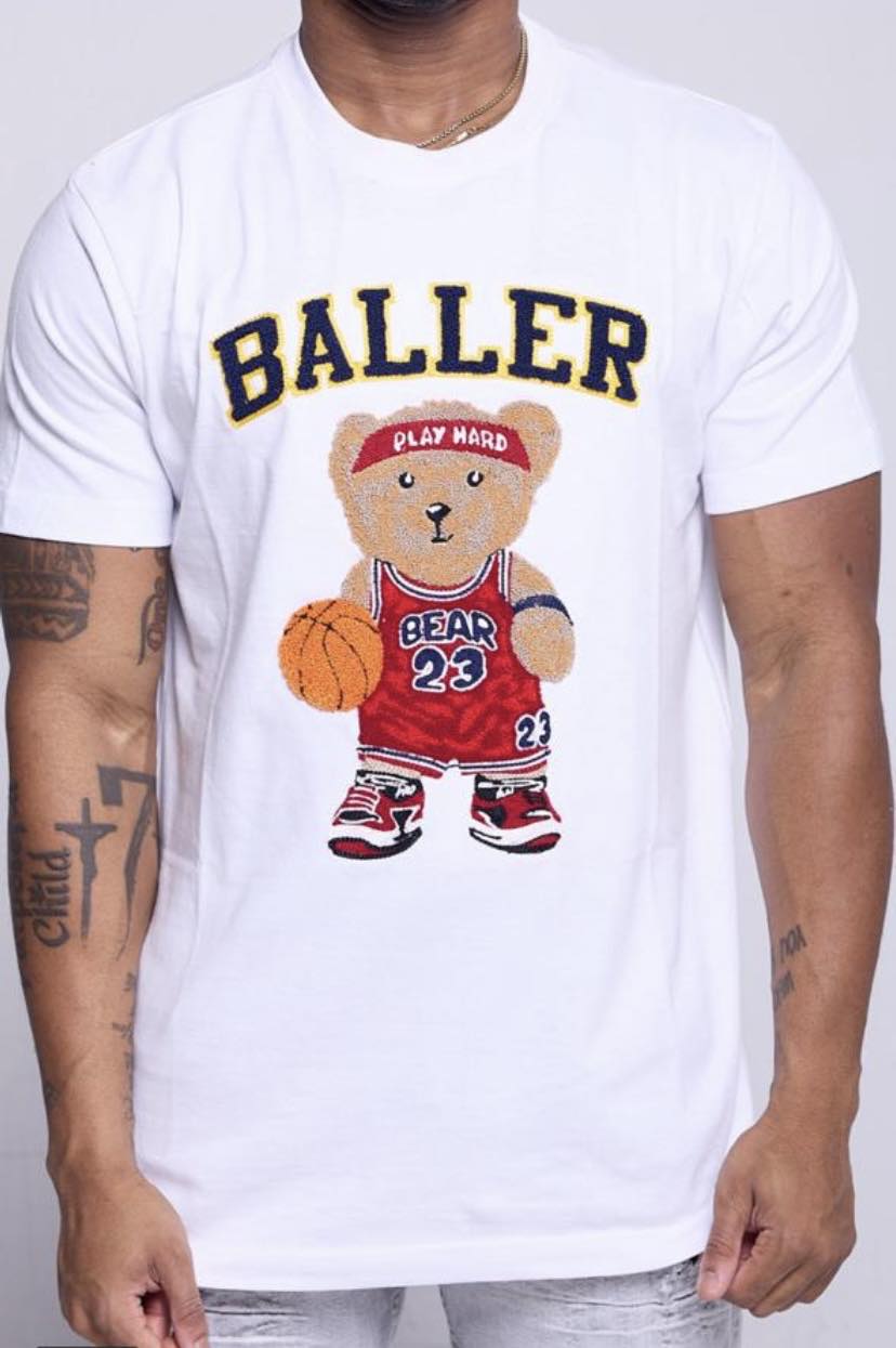 Kids White Chenille / Embroidery Baller Bear T-shirt