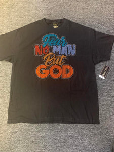 Men Plus Size Black Rhinestone Fear No Man But God Tee