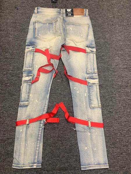 Men Blue Wash Red Strap Jeans