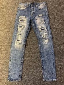 Men Blue Wash Padded Destroyed Denim Jeans