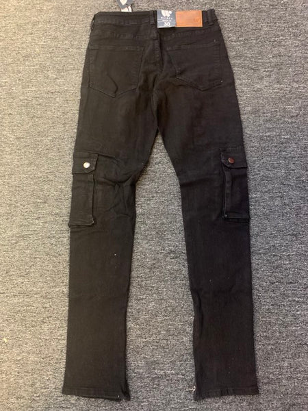 Men Black Cargo Side Pocket Zippers Bottom Jeans