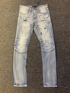 Men Blue Wash Stitched and Damaged Jeans