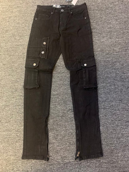 Men Black Cargo Side Pocket Zippers Bottom Jeans