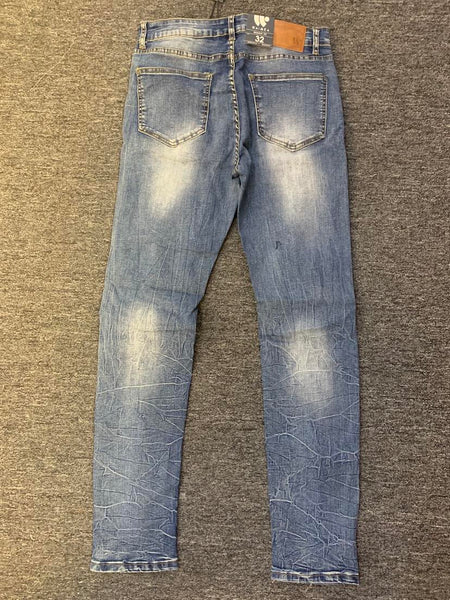 Men Blue Wash Padded Destroyed Denim Jeans