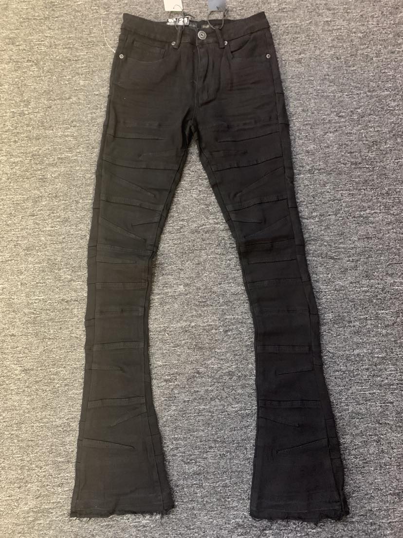 Men Jet Black Criss Cross Stitching Stack Pants