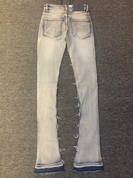 Men Blue Wash Super Destroyed Criss Cross Stack Denim Jeans