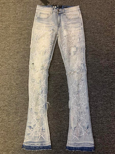 Men Blue Wash Star Embroidery Stack Jeans