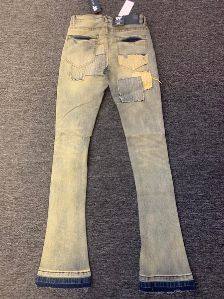 Men Vintage Wash Patched Up Stack Jeans