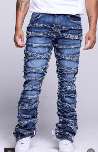 MEN S. BLUE STACKED SLASH & FRAY DENIM JEANS