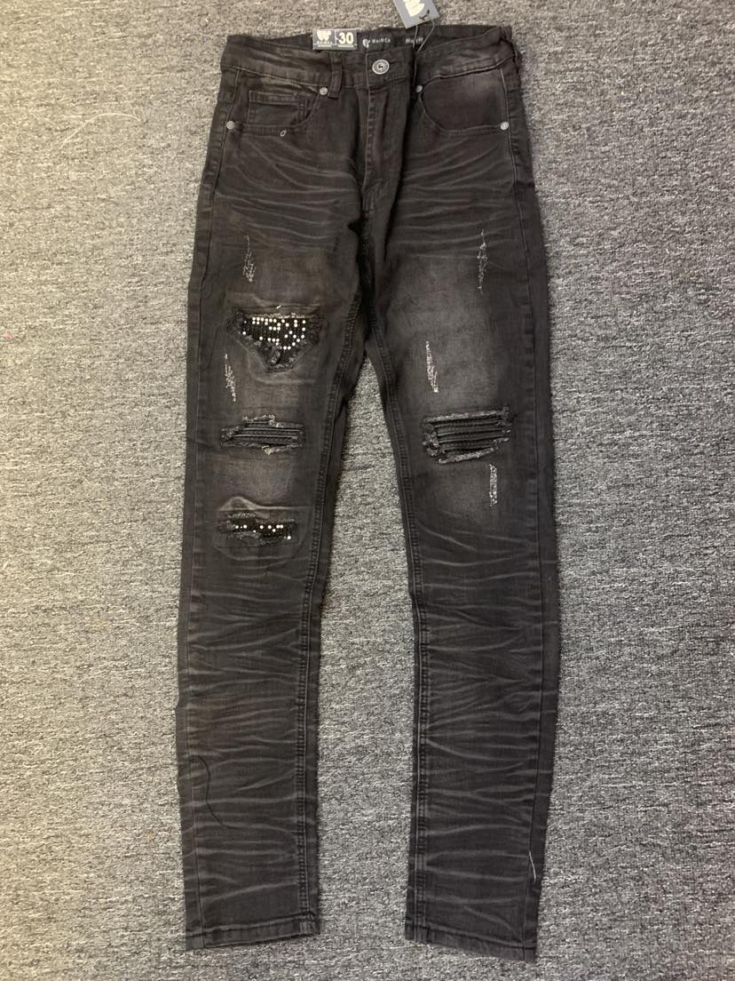 MEN BLACK WASH DAMAGED WITH RHINESTONE STUD JEANS