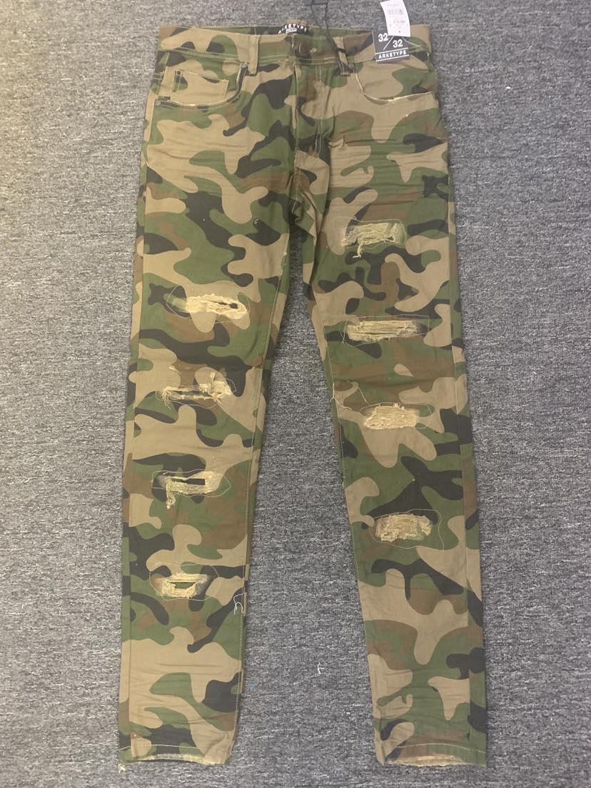 Men New Olive Camo Twill Ripped Stretch Pants