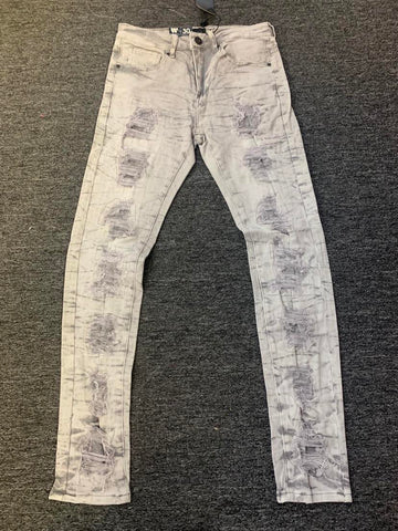 MEN GREY ACID WASH DESTROYED SQUARES STRECTH JEANS