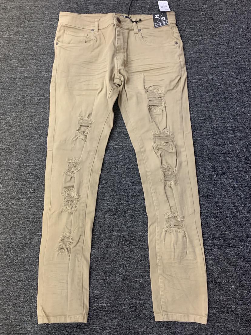 MEN LT KHAKI TWILL RIPPED PANTS STRETCH