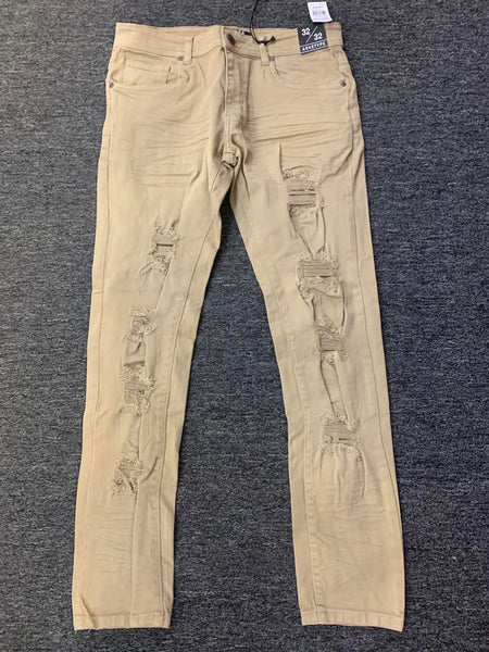 MEN LT KHAKI TWILL RIPPED PANTS STRETCH