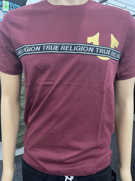 Men Burgundy True Religion with Stitched in Black/ Silver Strip Tee