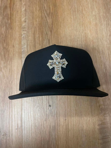 UNISEX BLACK METAL RHINESTONE CROSS LOGO SNAPBACK