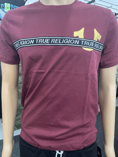 Men Burgundy True Religion with Stitched in Black/ Silver Strip Tee