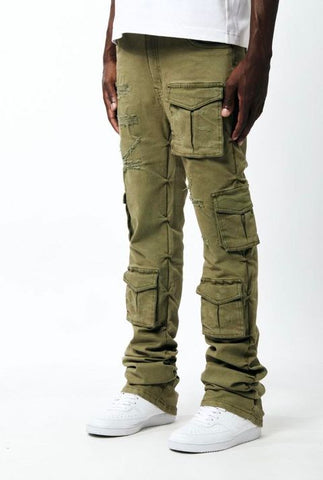 MEN OLIVE UTILITY CARGO TWILL STACK PANTS