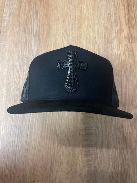 UNISEX BLACK/ BLACK METAL RHINESTONE BLACK CROSS LOGO SNAPBACK