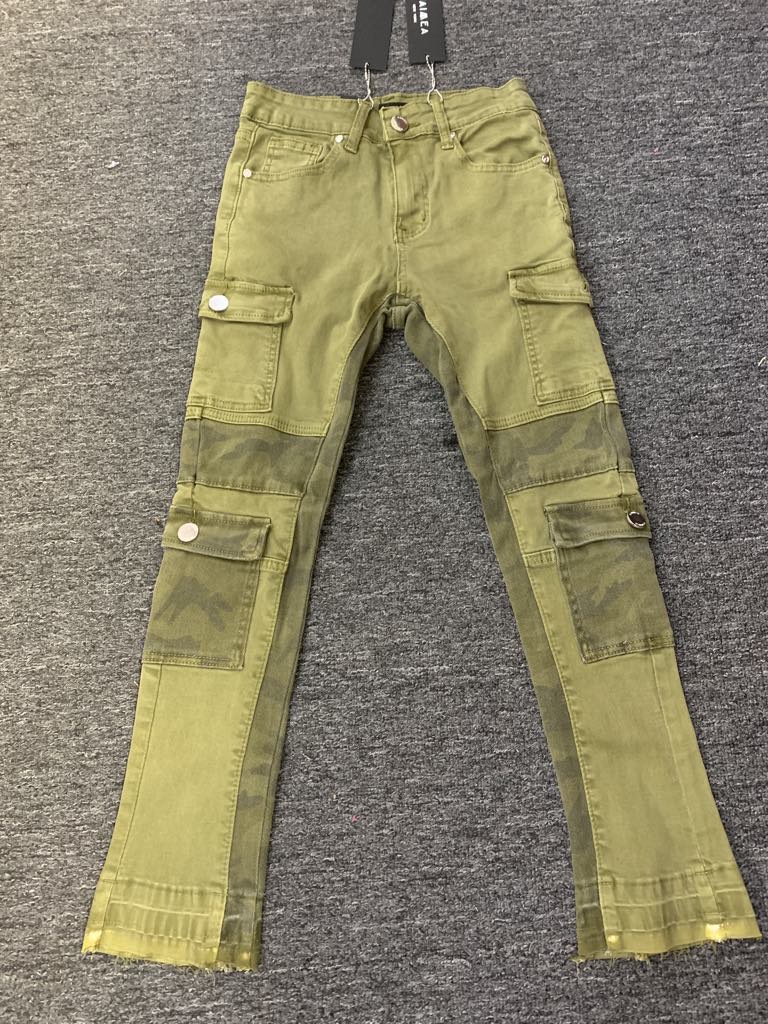 Kids Olive Green Cargo Stack Jeans