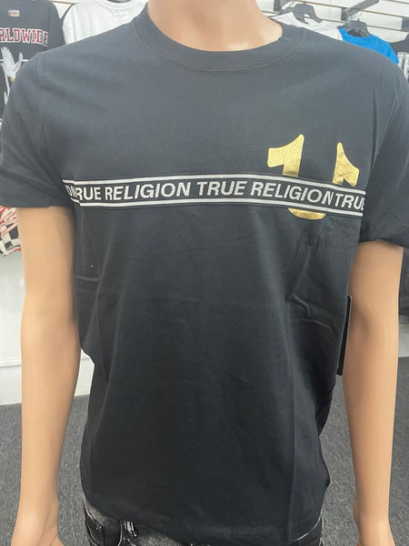 Men Black True Religion with Stitched in Gold/ Black Strip Tee