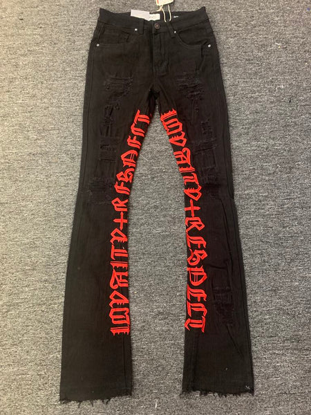 MEN JET BLACK WITH RED EMBROBERY JEANS