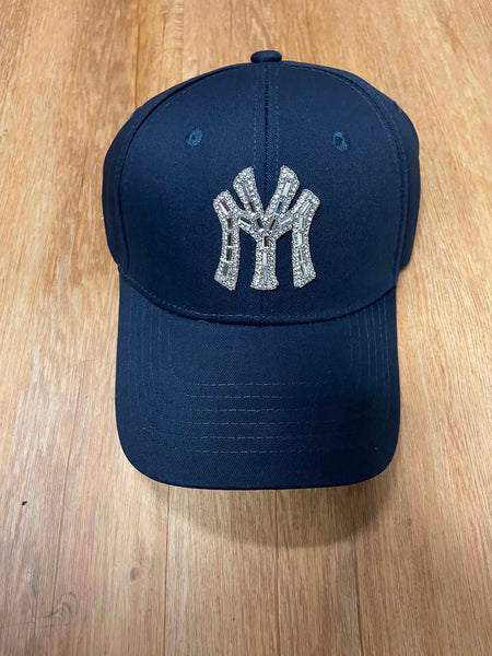 UNISEX BLACK/ BLACK METAL NY LOGO RHINESTONE STRAP BACK