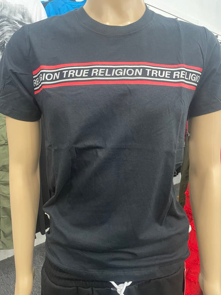 Men Black True Religion with Stitched in Red Black Strip Tee