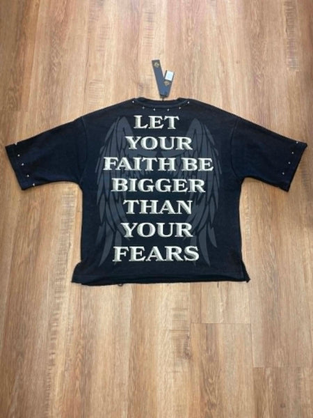 MEN BLACK FAITH OVER FEAR RHINESTONE FRENCH TERRY CROP TEE