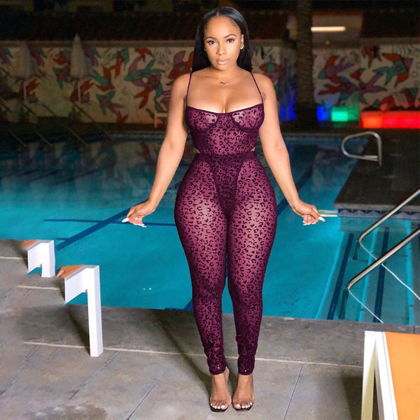 Red Wine Mesh perspective sexy jumpsuit 2 sets