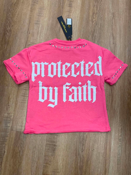 BOYS PINK PROTECTED BY FAITH STUDDED CROP TEE