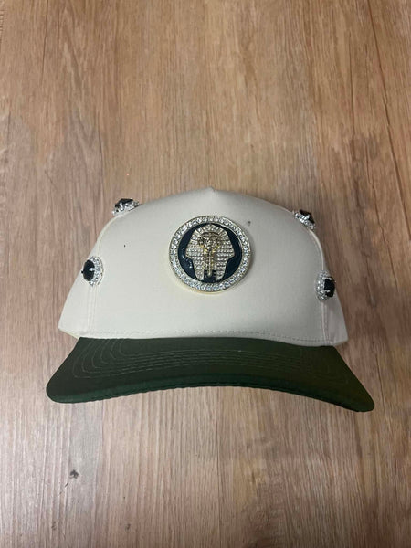 UNISEX CREAM/ GREEN METAL RHINESTONE PHARAOH LOGO SNAPBACK
