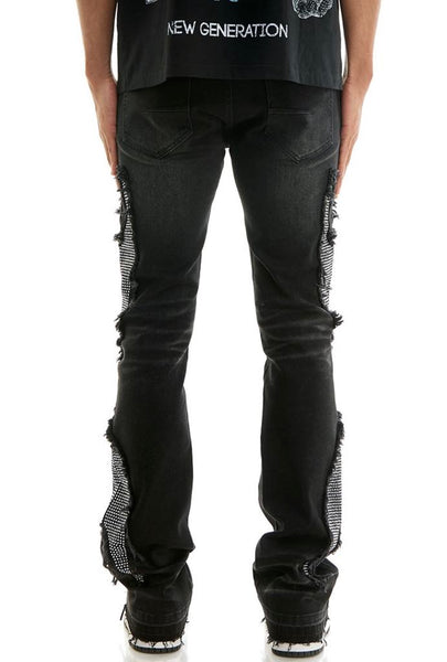 MEN KNDK BLACK TRIBAL RHINESTONE STACK PANTS