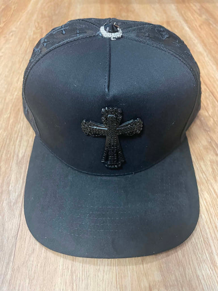 UNISEX BLACK/ BLACK METAL RHINESTONE BLACK CROSS LOGO SNAPBACK