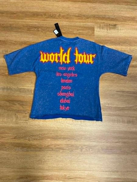 MEN BLUE WASH WORLD TOUR RHINESTONE FRENCH TERRY CROP TEE
