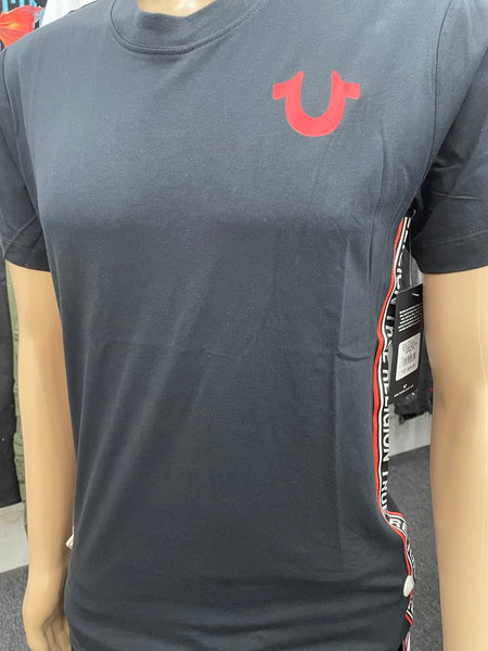 Men Black True Religion with Stitched in Red/ Black Side Strip Tee