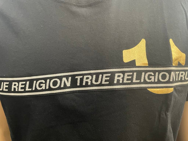 Men Black True Religion with Stitched in Gold/ Black Strip Tee