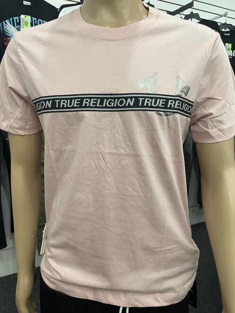 Men Dull Pink True Religion Black/ Silver Foil Taping Tee