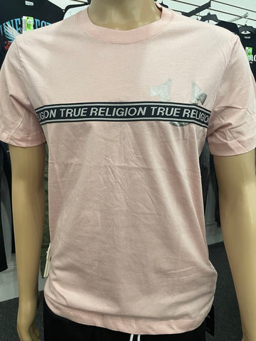 Men Dull Pink True Religion Black/ Silver Foil Taping Tee