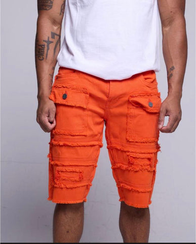 MEN ORANGE PATCHWORK DENIM SHORT