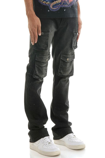 MEN KNDK BLACK CARGO RHINESTONE FLARE PANTS