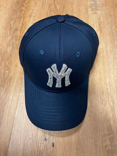 UNISEX BLACK/ BLACK METAL NY LOGO RHINESTONE STRAP BACK