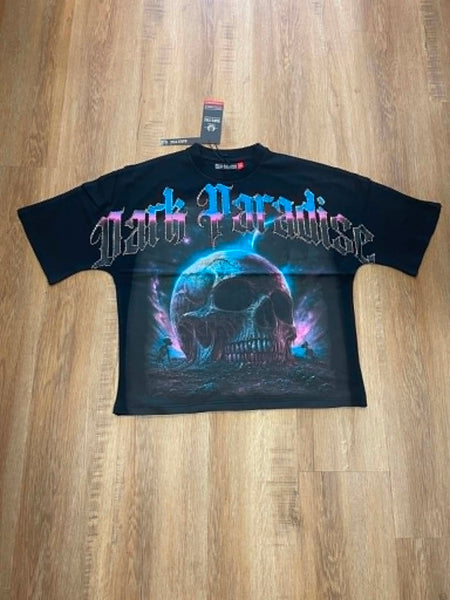 MEN BLACK DARK PARADISE RHINESTON DIGITAL PRINT CROP TEE