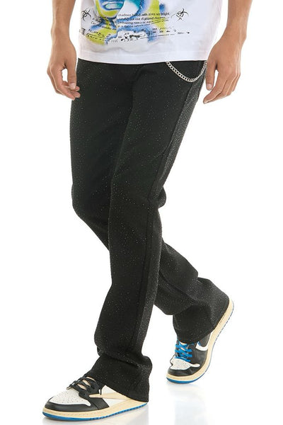 MEN KNDK BLACK TWILL RHINESTONE WITH CHAIN FLARE PANTS