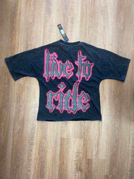 MEN BLACK RIDE OR DIE RHINESTONE FRENCH TERRY CROP TEE